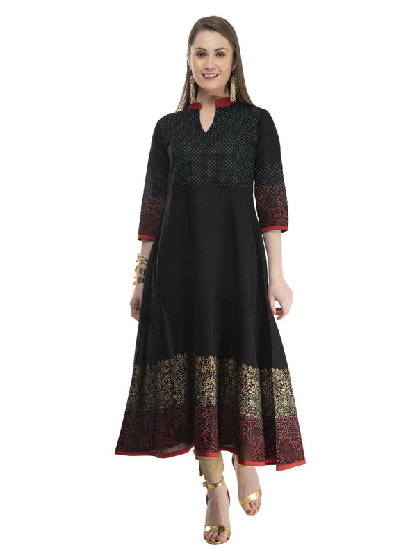 Women's Modern Black Cotton Anarkali With Ajrakh Hand Block Golden Foil Print - Noz2Toz