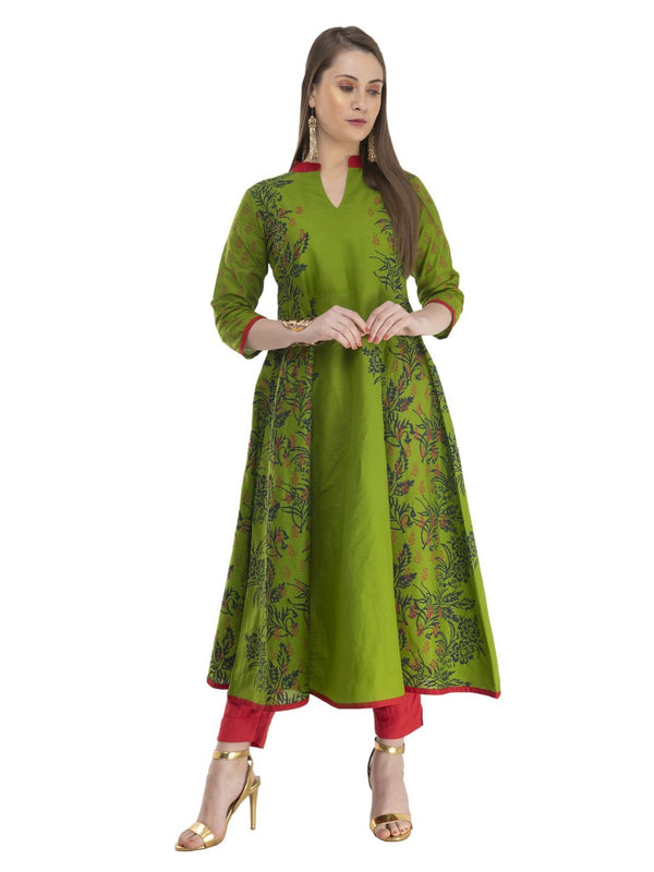 Women's Olive Green Panel Illusion Cotton Anarkali With Ajrakh Hand Block Golden Foil Print - Noz2Toz