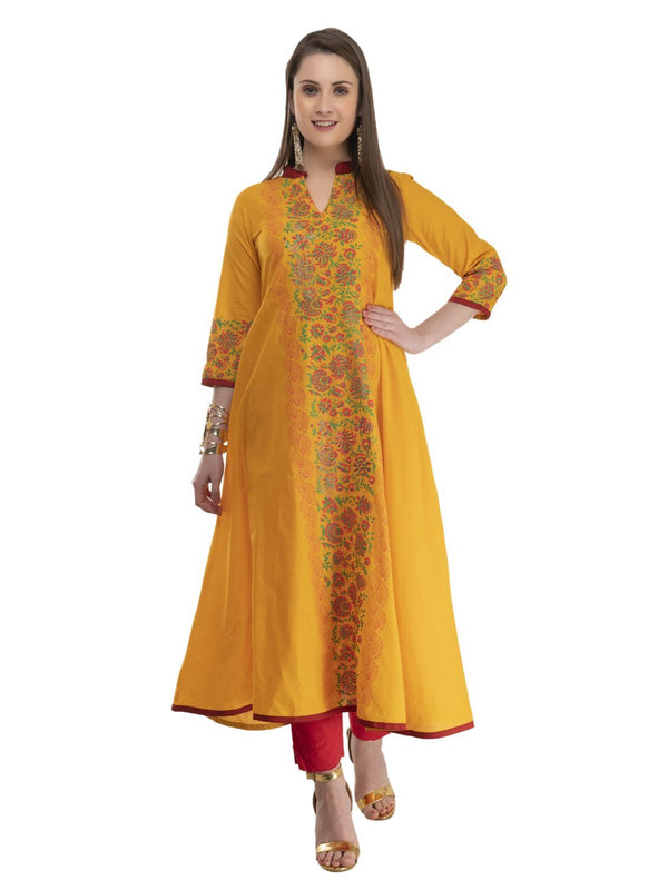 Women's Mustard Ajrakh Hand Block Cotton Printed Anarkali - Noz2Toz