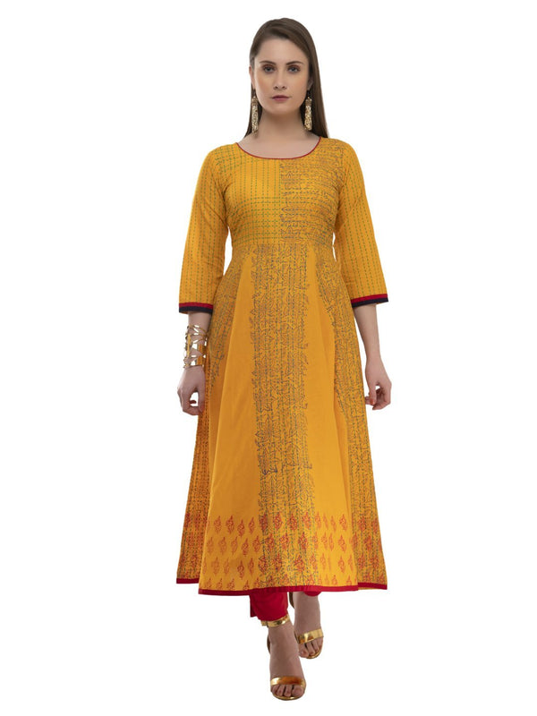 Women's Minimal Mustard Ajrakh Hand Block Cotton Printed Anarkali - Noz2Toz