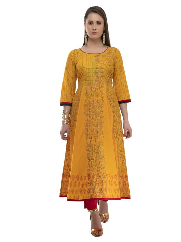 Women's Minimal Mustard Ajrakh Hand Block Cotton Printed Anarkali - Wahe-Noor