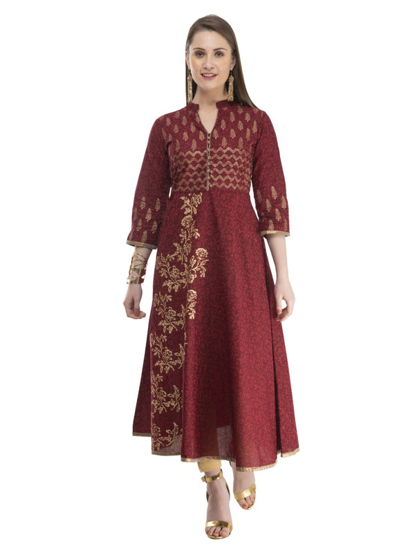 Women's Maroon Festive Ajrakh Hand Block Cotton Printed Anarkali - Noz2Toz