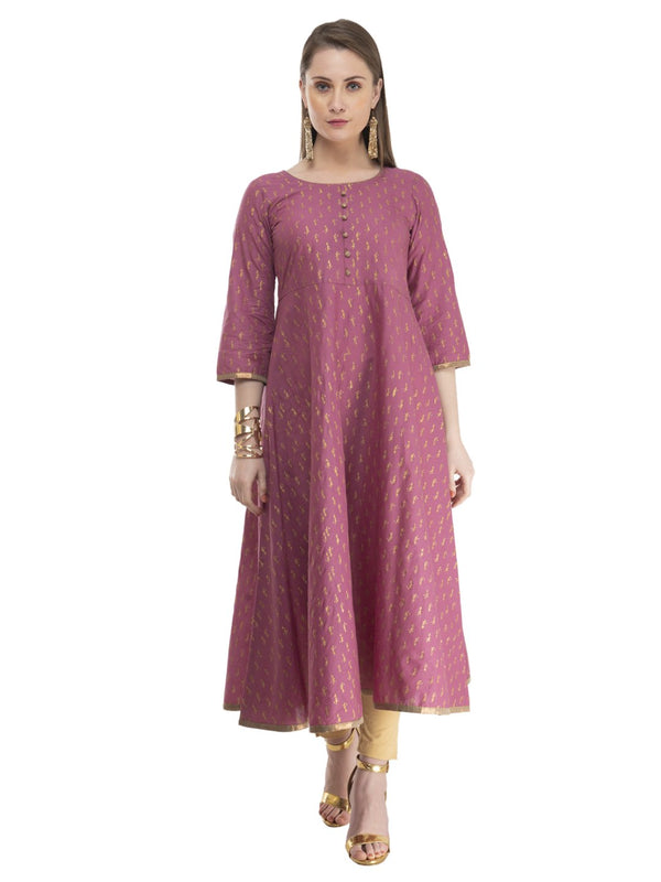 Women's Mauve Cotton Anarkali With Overall  Ajrakh Hand Block Print - Noz2Toz