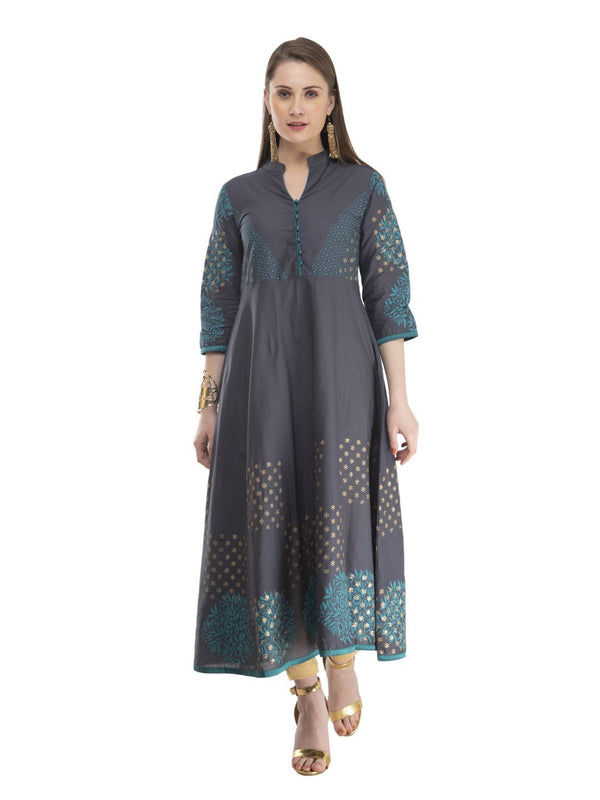 Women's Grey Cotton Anarkali With Subtle Ajrakh Hand Block Print - Noz2Toz