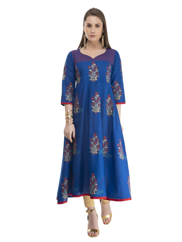 Women's Festive Royal Blue Cotton Anarkali With Ajrakh Hand Block Print - Noz2Toz