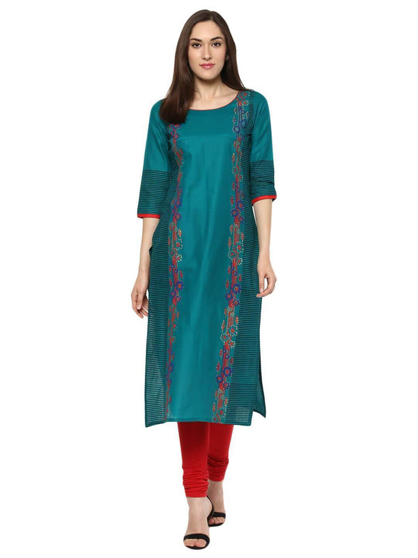 Women's Peacock Blue Geometric Ajrakh Hand Block Cotton Printed Straight Kurta - Noz2Toz