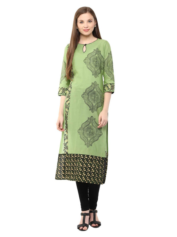 Women's Pastel Green Ajrakh Hand Blocked Boat Neck Cotton Kurta - Noz2Toz