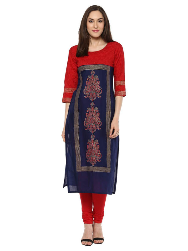 Women's Red And Blue Tribal Ajrakh Hand Block Cotton Printed Straight Kurta - Noz2Toz