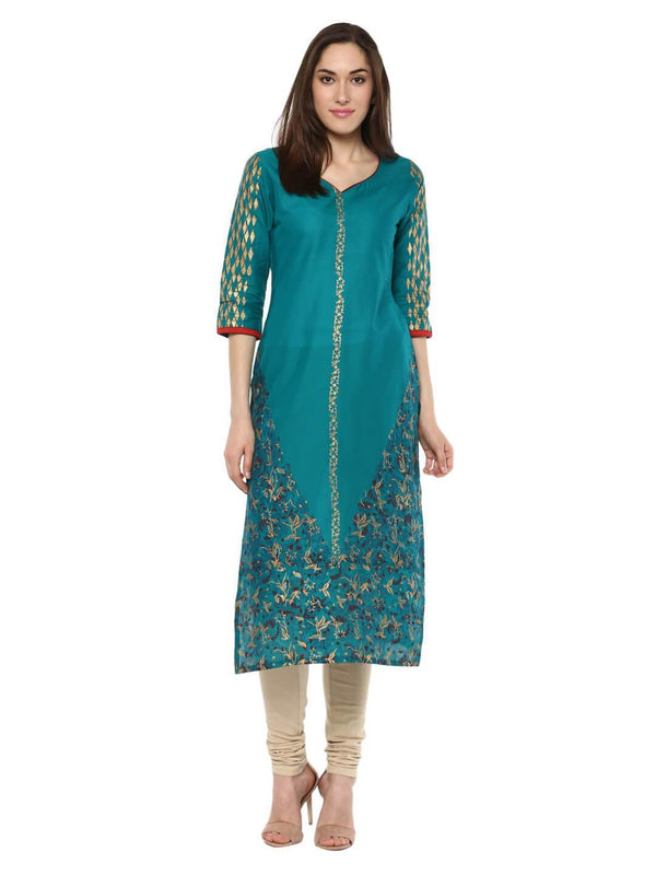 Women's Firozi Blue Geometric Ajrakh Hand Block Cotton Printed Straight Kurta - Wahe-Noor