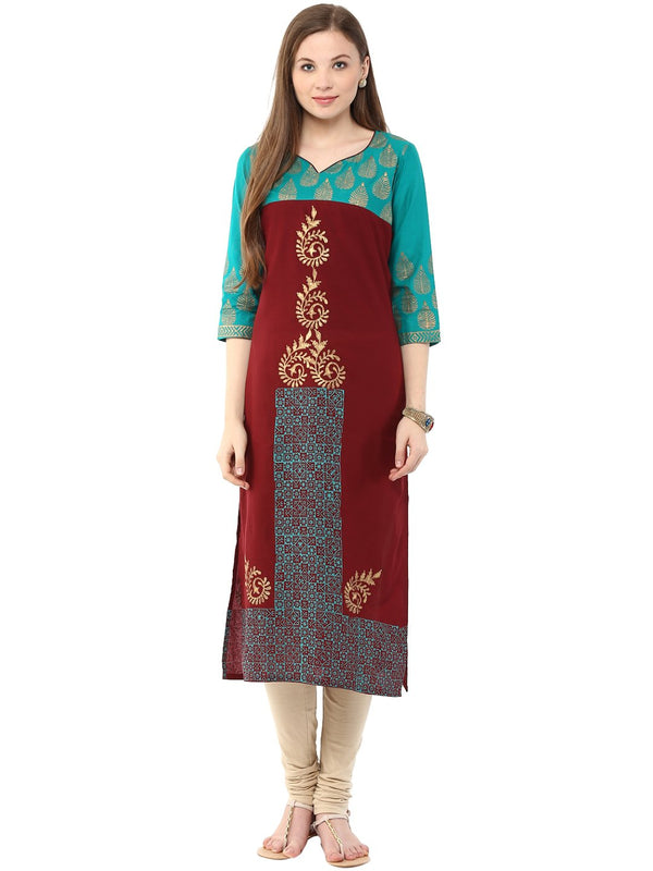 Women's Turquoise And Maroon Hand Block Cotton Printed Straight Kurta - Wahe-Noor