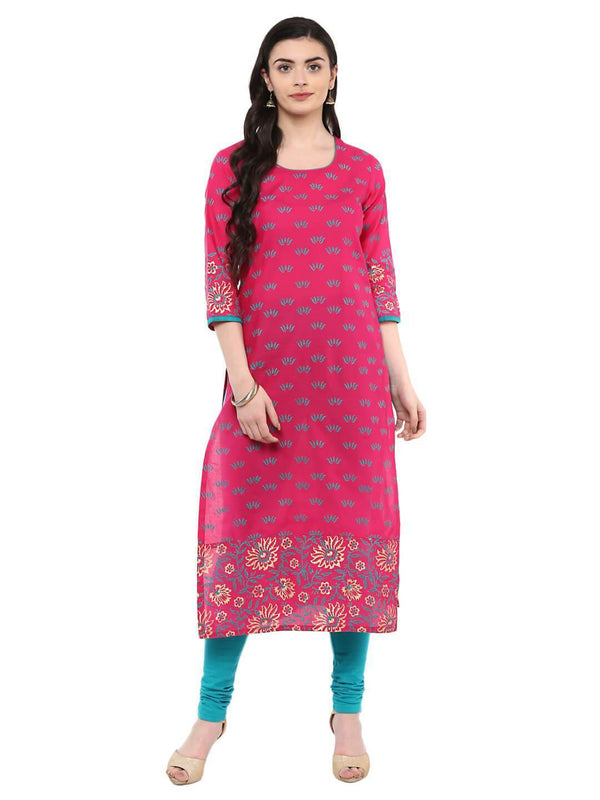 Women's Pink & Turquoise Floral Ajrakh Hand Block Cotton Printed Straight Kurta  - Noz2Toz