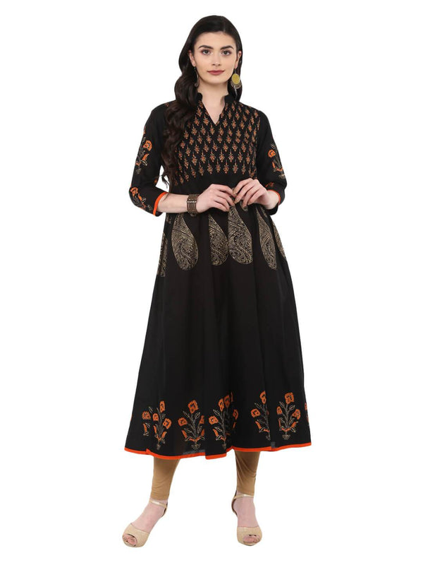 Women's Classic Black Ajrakh Hand Block Cotton Printed Anarkali - Noz2Toz