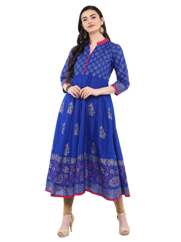 Women's Royal Blue Festive Ajrakh Hand Block Cotton Printed Anarkali - Wahe-Noor