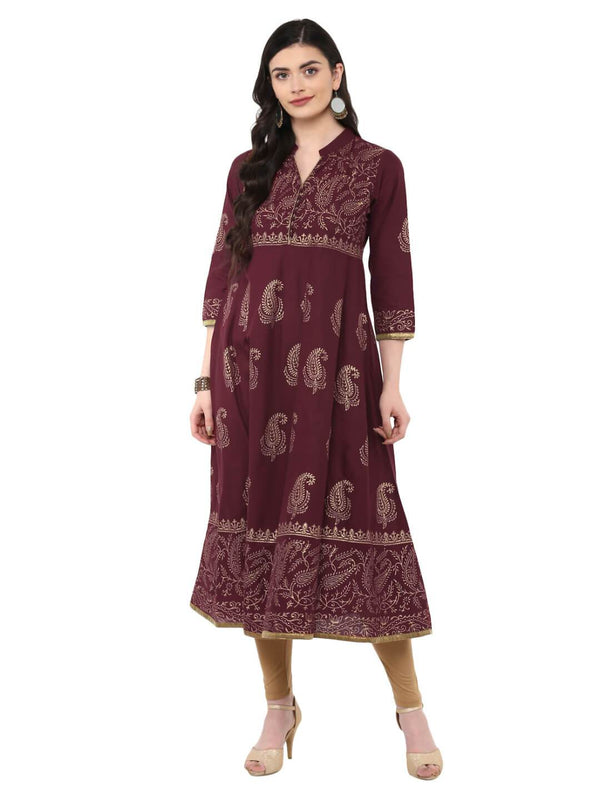 Women's Violet And Golden Ajrakh Hand Block Cotton Printed Anarkali  - Noz2Toz