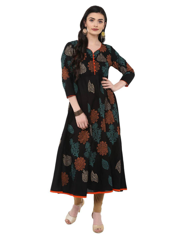 Women's Black Cotton Printed Anarkali With Multicoloured Ajrakh Hand Block Print - Noz2Toz