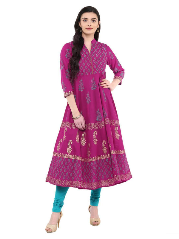 Women's Magenta Ajrakh Hand Block Printed Cotton Anarkali  - Noz2Toz