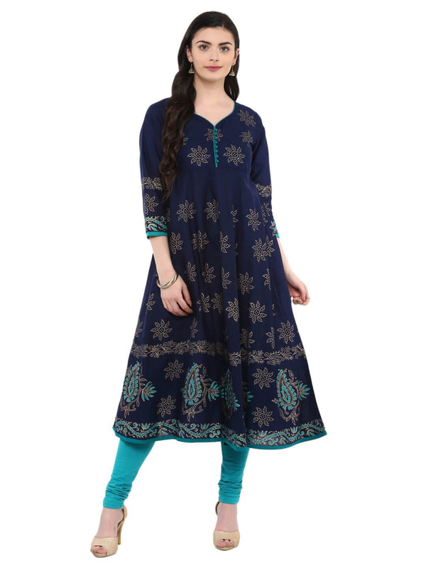 Women's Navy Blue Ajrakh Hand Block Printed Cotton Anarkali  - Noz2Toz