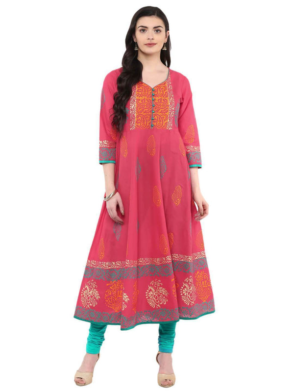 Women's Pink Festive Ajrakh Hand Block Cotton Printed Anarkali  - Noz2Toz