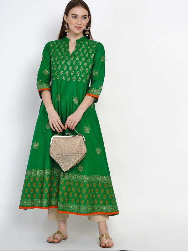 Women's Festive Green Cotton Anarkali With Ajrakh Hand Block Print - Noz2Toz