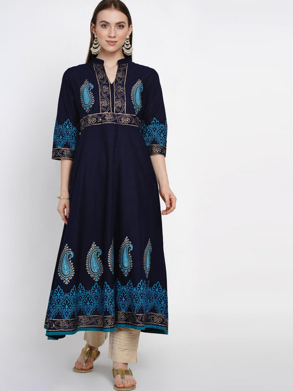 Women's Traditional Coral Blue Cotton Anarkali With Ajrakh Hand Block Print - Noz2Toz