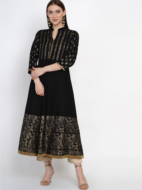 Women's Festive Black Cotton Anarkali With Ajrakh Hand Block Print - Noz2Toz