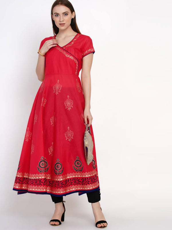 Women's Coral Red Overlap Ajrakh Hand Block Cotton Printed Anarkali - Wahe-Noor