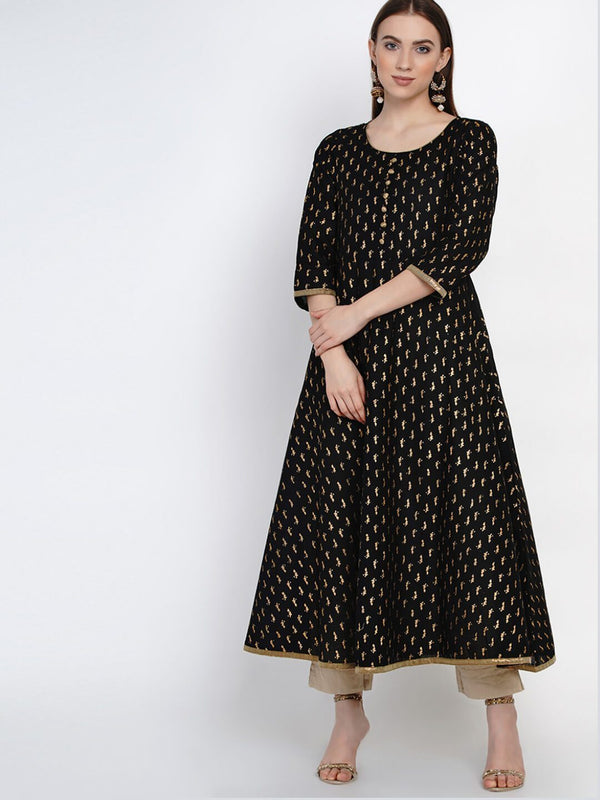 Women's Black And Golden Cotton Printed Anarkali With Ajrakh Hand Block Print - Noz2Toz