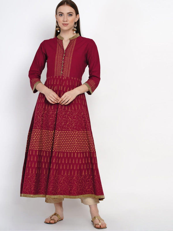 Women's Maroon Ajrakh Hand Block Cotton Printed Anarkali - Noz2Toz