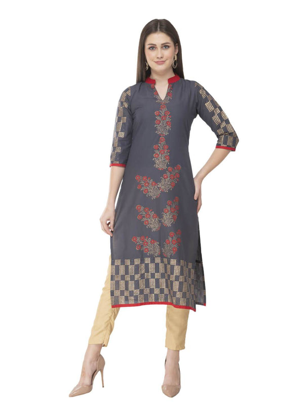 Women's Grey Ajrakh Hand Block Floral Printed Cotton Straight Kurta  - Noz2Toz