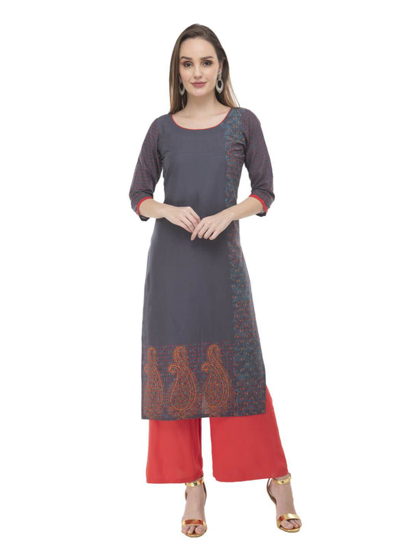 Women's Grey Ajrakh Hand Block Cotton Printed Straight Kurta - Noz2Toz