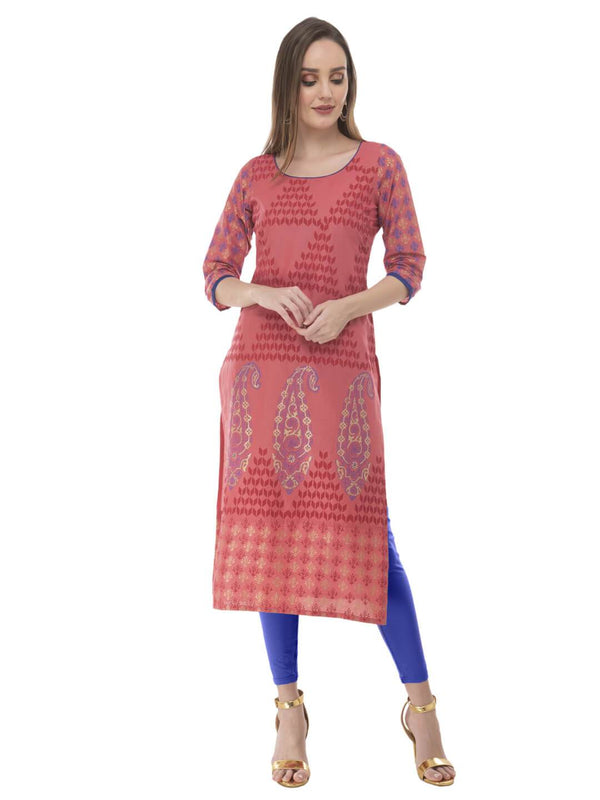 Women's Old Rose Ajrakh Hand Block Cotton Printed Straight Kurta - Noz2Toz