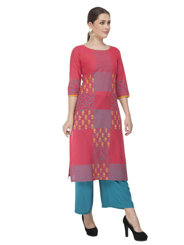 Women's Pink & Turquoise Festive Ajrakh Hand Block Cotton Printed Straight Kurta  - Noz2Toz