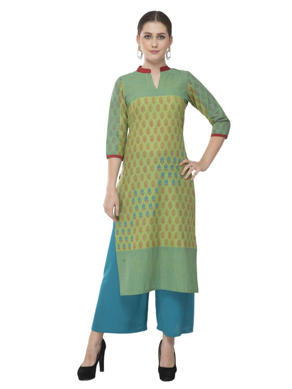 Women's Pastel Green & Turquoise Hand Block Printed Cotton Kurta  - Noz2Toz