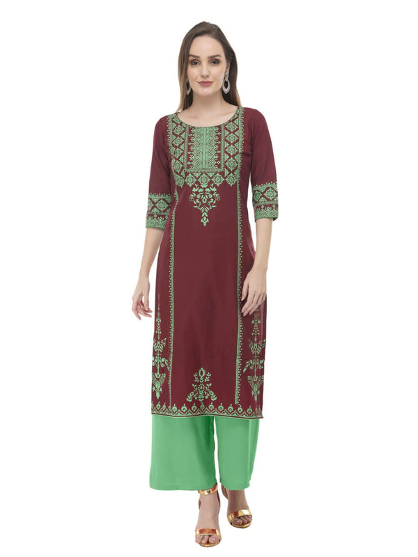 Women's Maroon & Pista Green Ajrakh Hand Block Tribal Cotton Printed Straight Kurta  - Noz2Toz