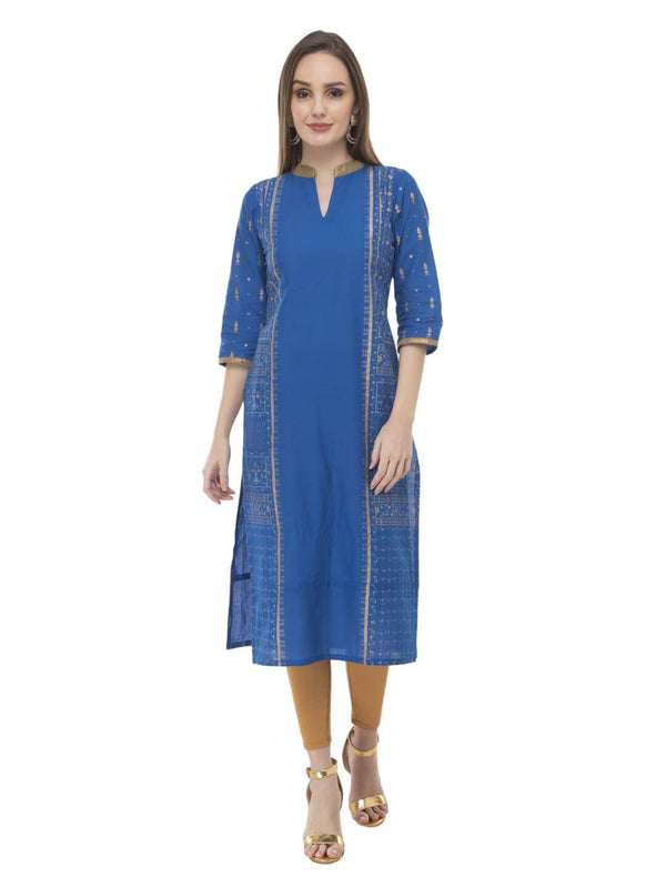 Women's Royal Blue Ajrakh Hand Block Cotton Printed Straight Kurta With Collar Detail - Wahe-Noor