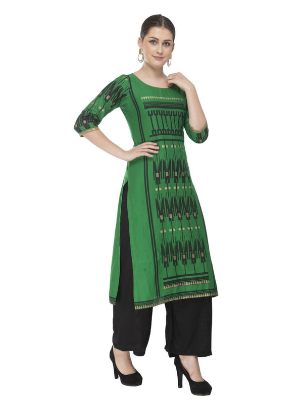 Women's Green Ajrakh Hand Block Cotton Printed Straight Kurta  - Noz2Toz