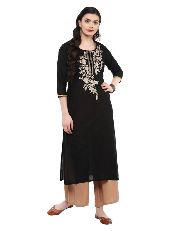 Women's Black Ajrakh Hand Block Cotton Printed Straight Kurta - Noz2Toz