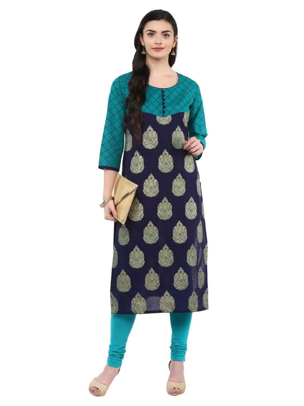 Women's Indigo And Turquoise Ajrakh Hand Block Cotton Printed Straight Kurta  - Noz2Toz