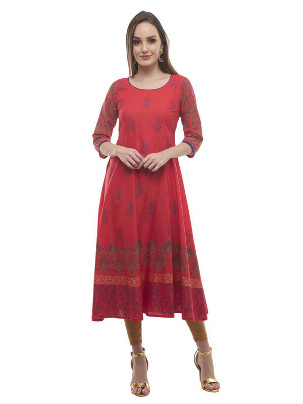 Women's Red Festive Ajrakh Hand Block Cotton Printed Anarkali  - Noz2Toz