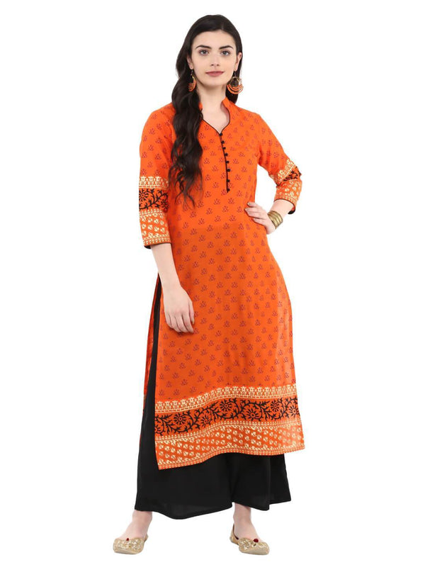 Women's Orange Ajrakh Hand Block Cotton Printed Straight Kurta  - Noz2Toz