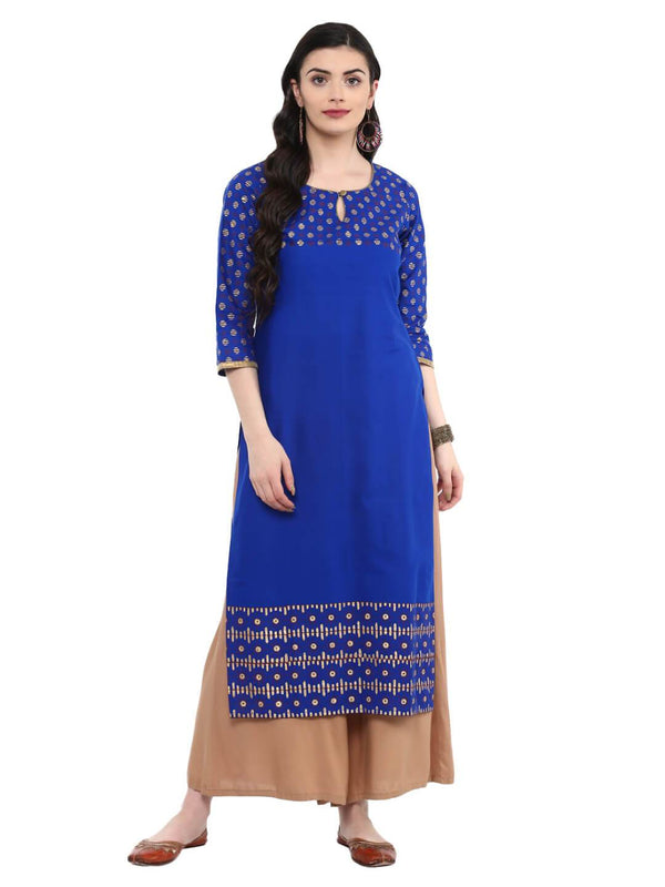 Women's Royal Blue Ajrakh Hand Block Cotton Printed Straight Kurta With Keyhole Detail  - Noz2Toz