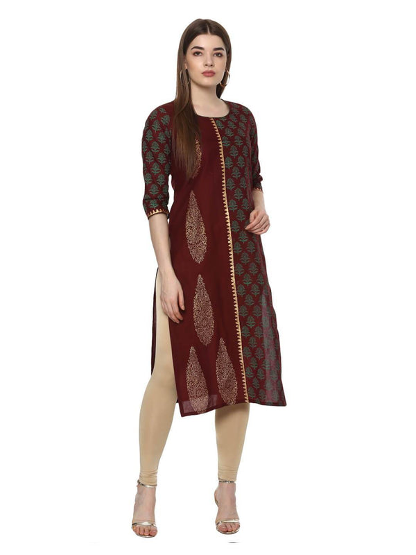 Women's Maroon Ajrakh Hand Block Cotton Printed Straight Kurta  - Noz2Toz