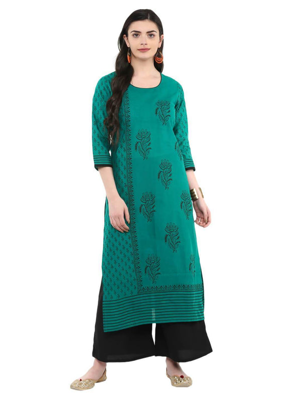 Women's Turquoise Ajrakh Hand Block Cotton Printed Straight Kurta  - Noz2Toz