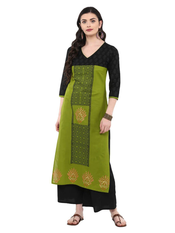 Women's Parrot Green & Black  Ajrakh Hand Blocked Printed Cotton Straight Kurta - Noz2Toz