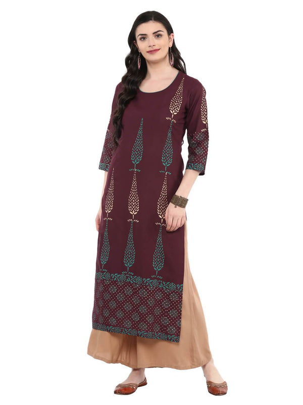 Women's Violet Ajrakh Hand Block Cotton Printed Straight Kurta - Wahe-Noor