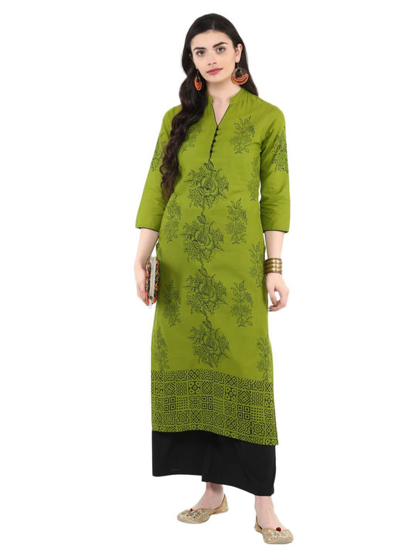 Women's Parrot Green Rose Print Ajrakh Hand Block Cotton Printed Straight Kurta  - Noz2Toz