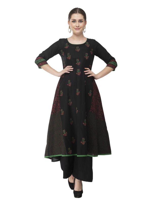 Women's Black Cotton Printed Anarkali With Ajrakh Hand Block Print - Noz2Toz