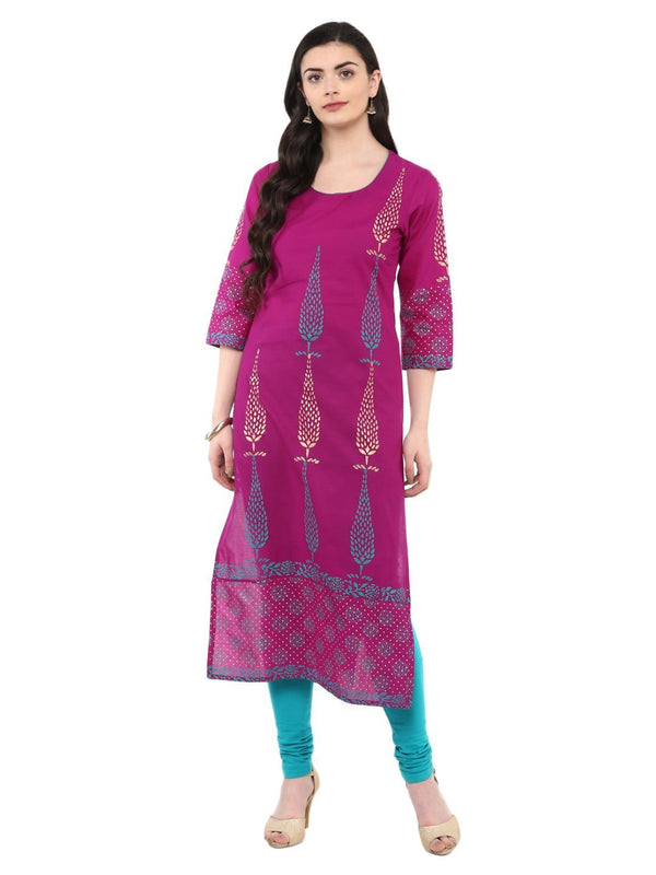 Women's Magenta Paisley Print Ajrakh Hand Block Cotton Printed Straight Kurta  - Noz2Toz