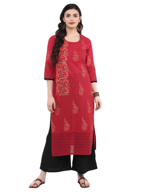 Women's Fuchsia Ajrakh Hand Block Cotton Printed Straight Kurta  - Noz2Toz