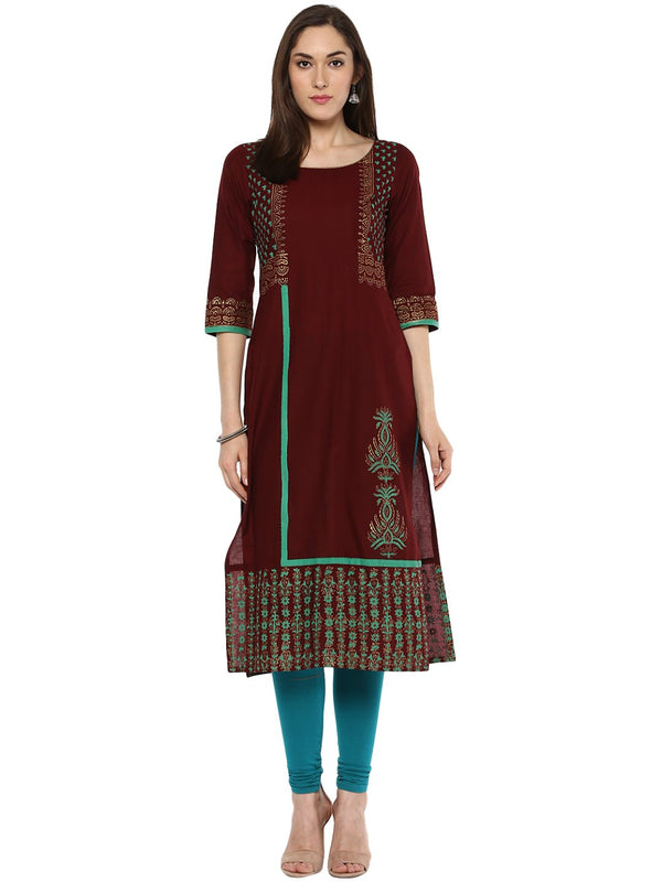 Women's Maroon And Mint Green Ajrakh Hand Block Cotton Printed Anarkali - Noz2Toz